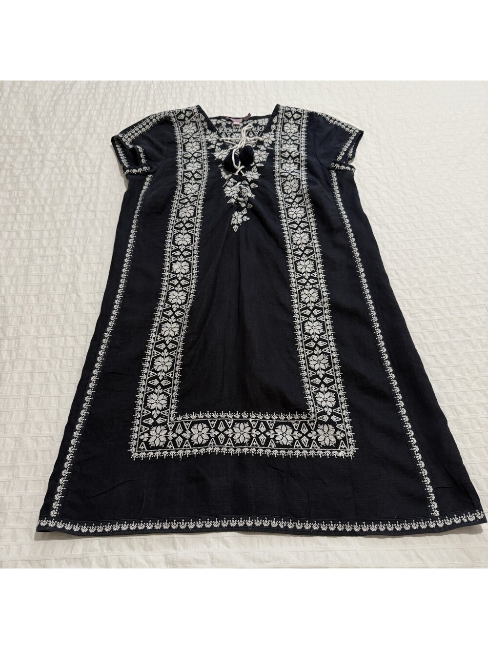 Calypso St. Barth 100% Linen Navy Blue White Embroidered Shift Dress Mini Small